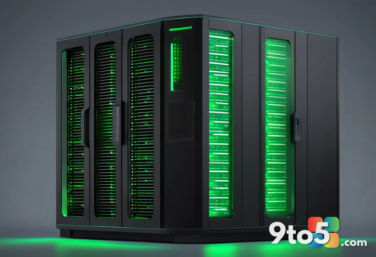 A server rack with blinking green status lights and glowing data streams, representing backend authentication infrastruc