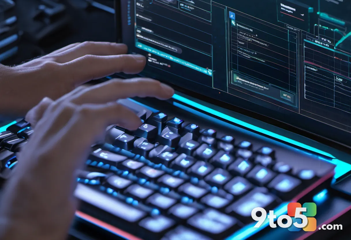 A close-up of a developer's hands typing on a mechanical keyboard, with a monitor displaying lines of code and a glowing
