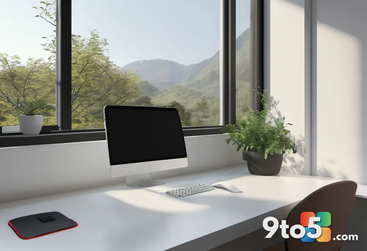 A minimalist desk setup featuring a tablet showing a calendar with a red crossed-out date, next to a coffee mug and a sm