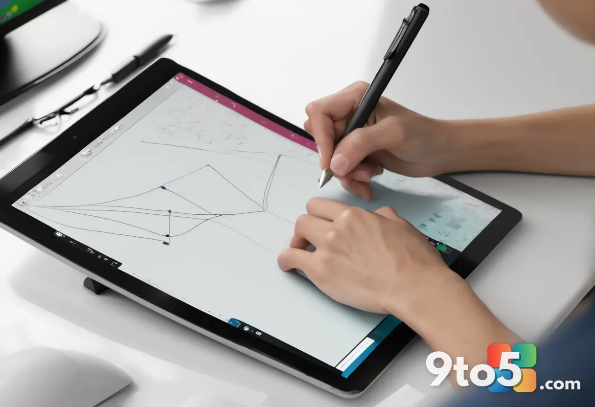 A close-up photo of a hand drawing a gesture on a tablet screen with a stylus, soft focus background showing a Windows d