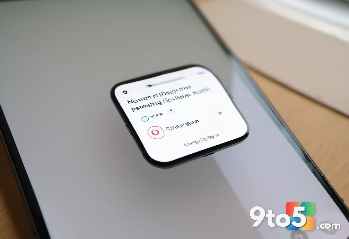 A close-up of a smartphone screen showing a notification permission popup with an Allow button, soft bokeh office backgr