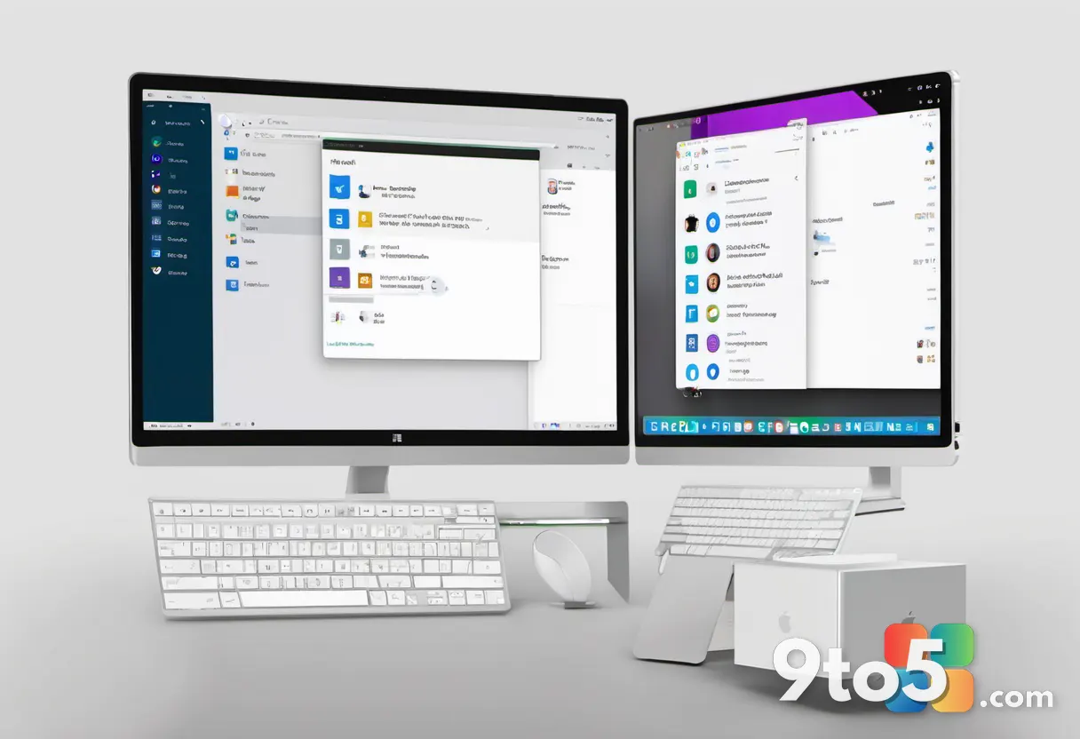 A split-screen graphic showing a Microsoft account icon on one side and an Apple account icon on the other, connected by