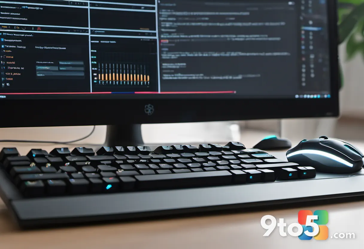 A close-up photograph of a developer typing on a mechanical keyboard, with a dual monitor setup displaying code and a br