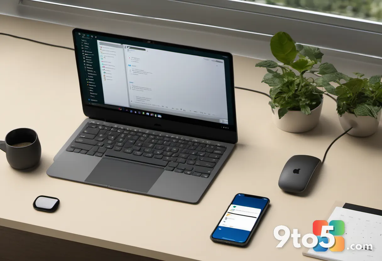 A top-down view of a desk with a Windows PC monitor, a keyboard, and an iPhone displaying a synced bookmark list, bathed