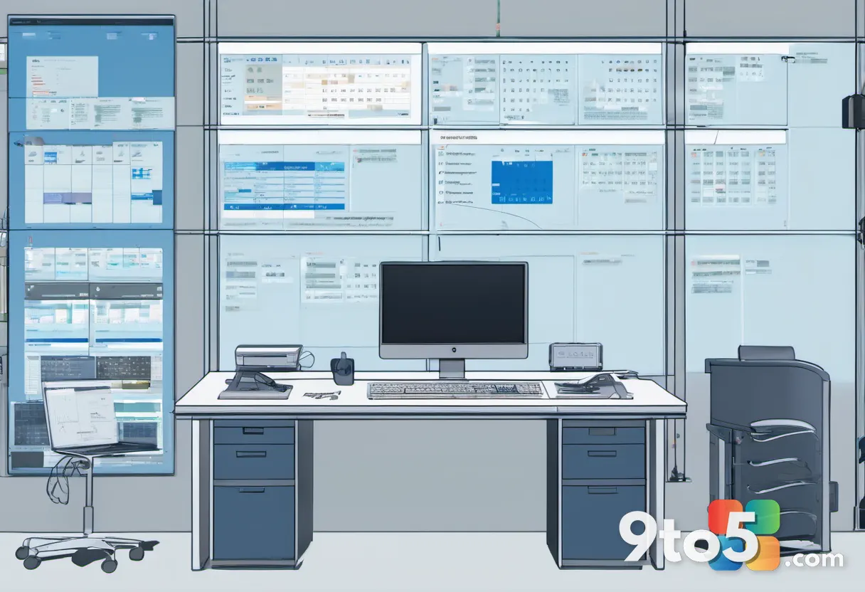 An IT admin desk with multiple monitors showing browser version numbers and a calendar marked with eight-week intervals,