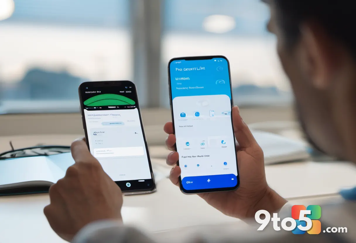 A person tapping a share button on their phone, with a second phone nearby receiving a glowing link, bright modern desk 