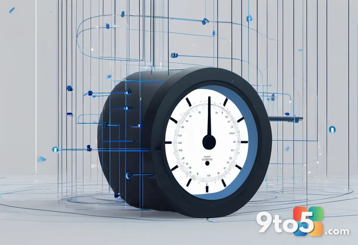 A minimalist illustration of a data cap gauge hitting its limit, with binary code flowing into a blocked pipe, symbolizi