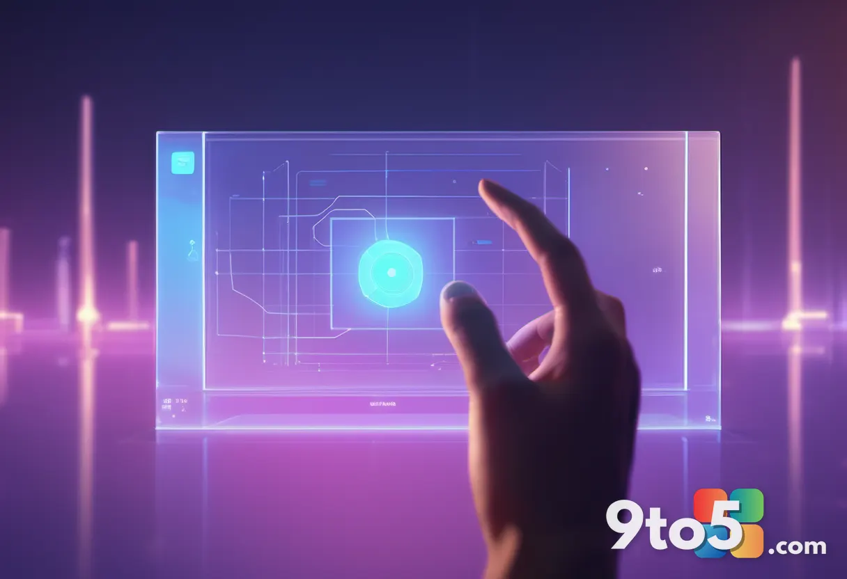 A close-up of a hand adjusting a transparent glass slider on a digital interface, surrounded by soft glowing nodes repre
