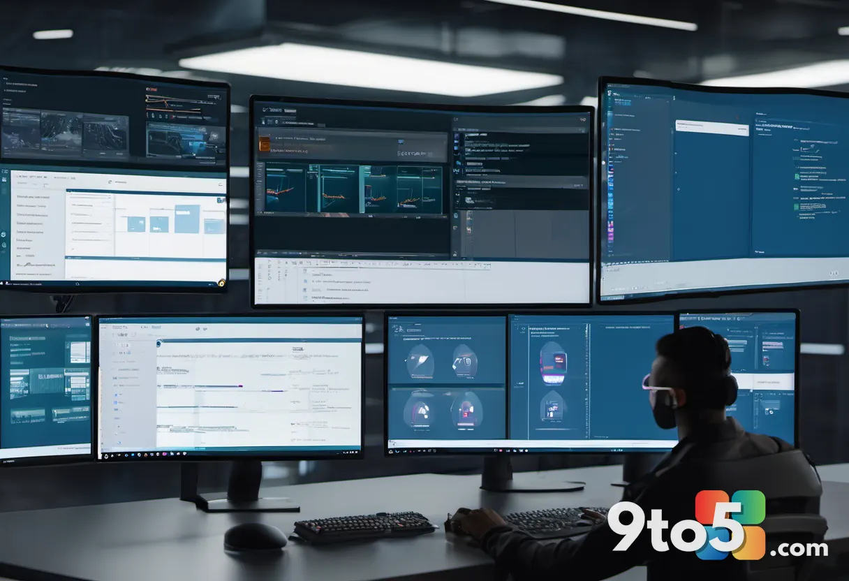 A close-up of a security professional reviewing multiple monitors displaying identity logs and access policies in a diml