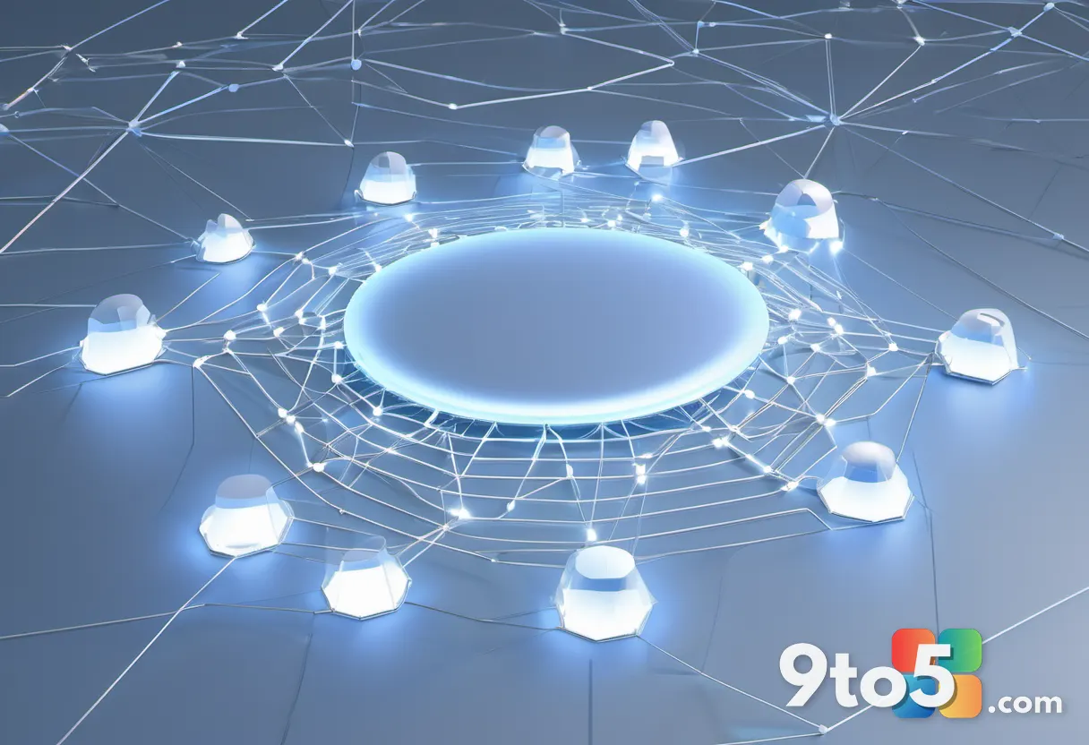 An abstract digital illustration of interconnected nodes forming a secure network shield, representing zero-trust identi