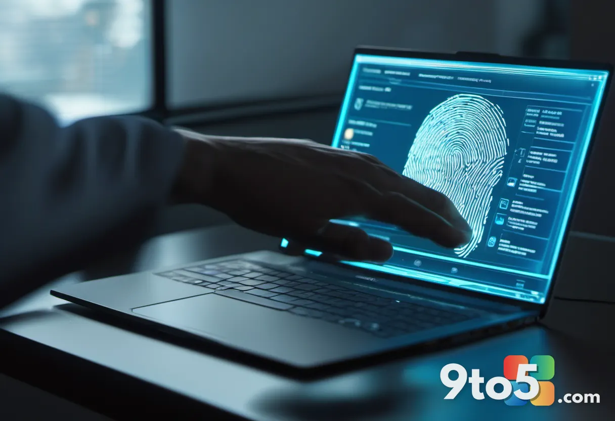 A close-up photograph of a person tapping their fingerprint on a modern laptop screen, with a soft blue security glow re