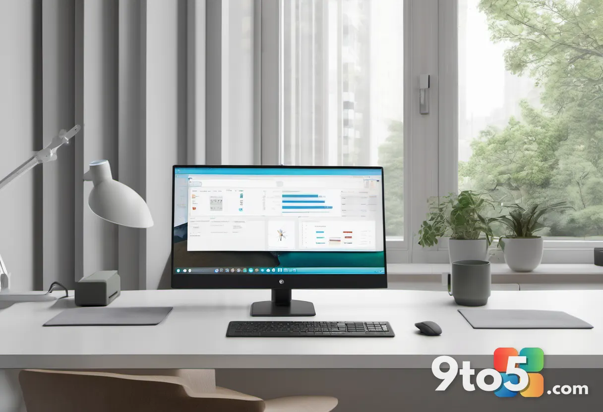 A clean desk setup with a laptop and external monitor showing a polished desktop interface, surrounded by subtle design