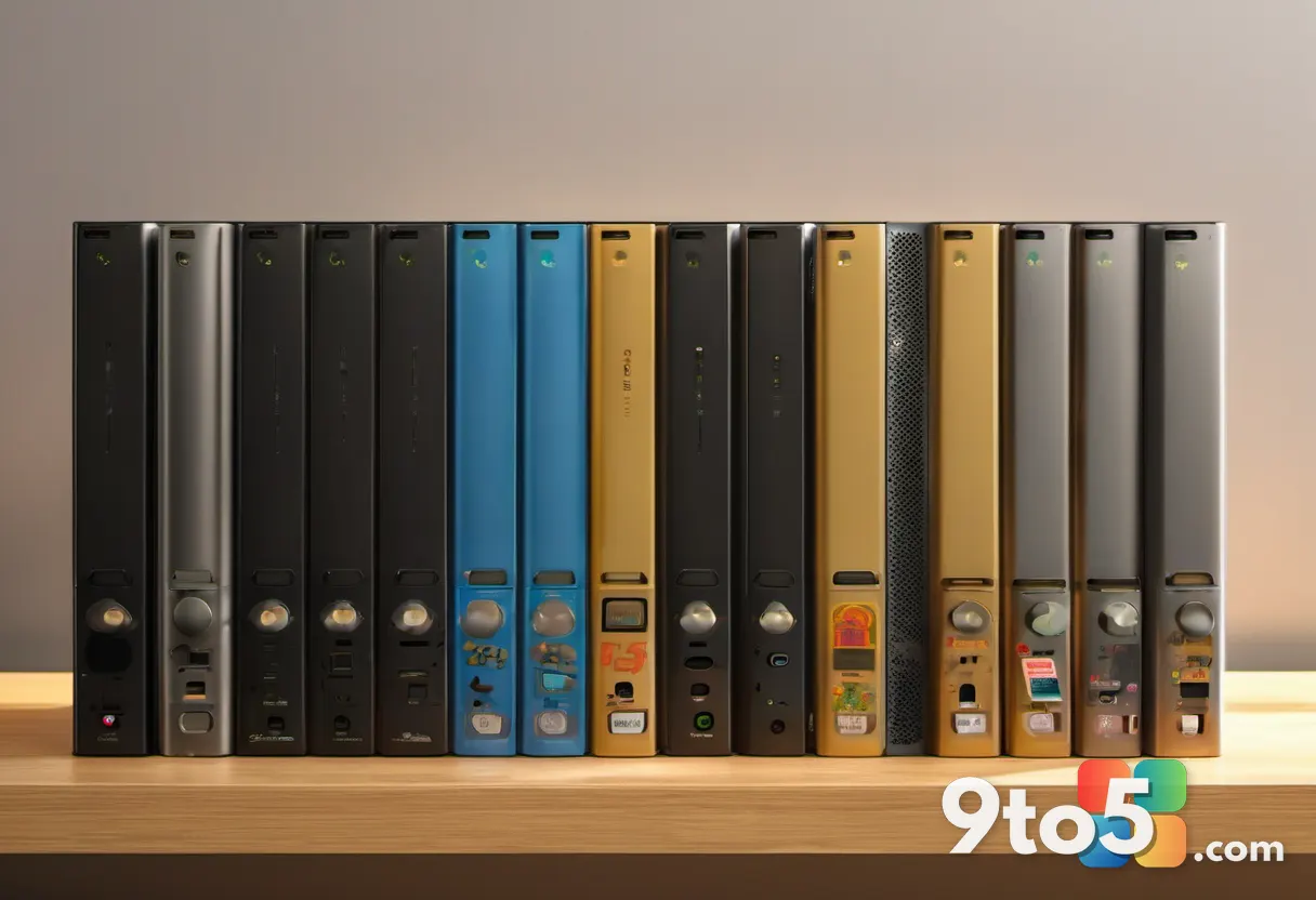 A nostalgic stack of vintage Xbox 360 game cases arranged neatly on a wooden shelf, bathed in warm golden light.