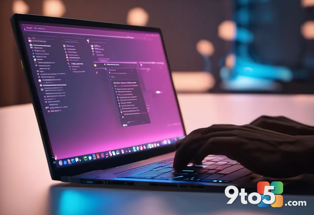 A close-up of a hand hovering over a laptop keyboard with a translucent AI chat overlay glowing softly on the right side