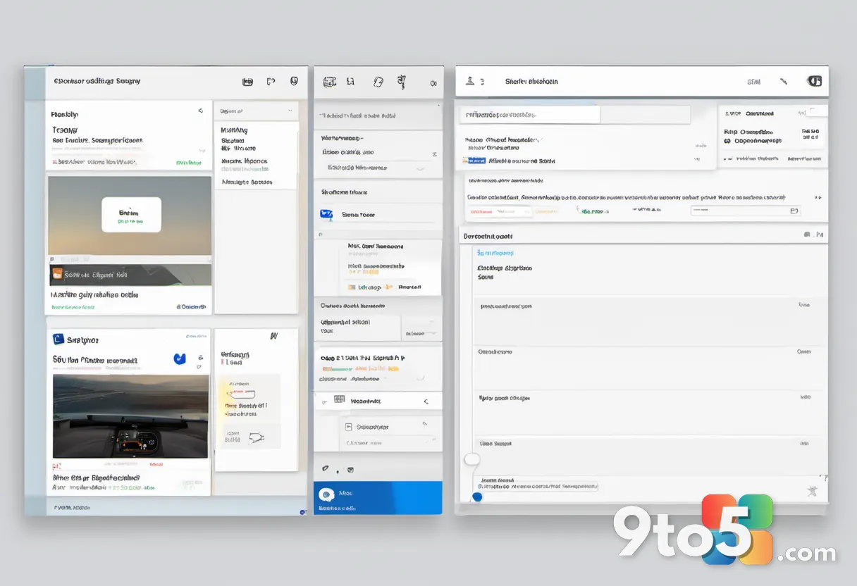 A split-screen graphic showing an Outlook inbox on the left and a resizable Copilot sidebar on the right, clean UI mocku