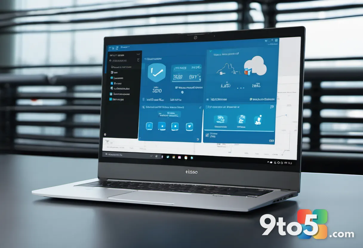 A close-up of a laptop screen showing a browser with a Cisco security dashboard overlay, featuring data protection icons