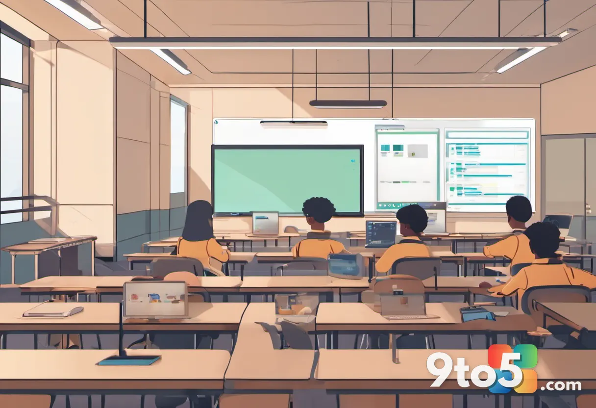 An illustration of a classroom setting with students using laptops, featuring a Clever TrustPass icon indicating trusted