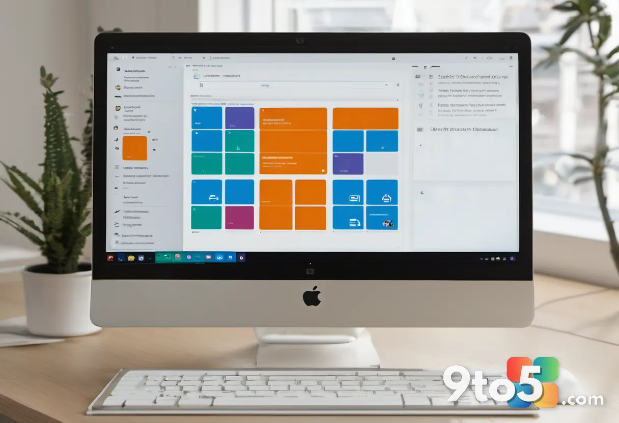 A minimalist workspace photograph showing a tablet displaying a modernized File Explorer window with rounded dialog boxe