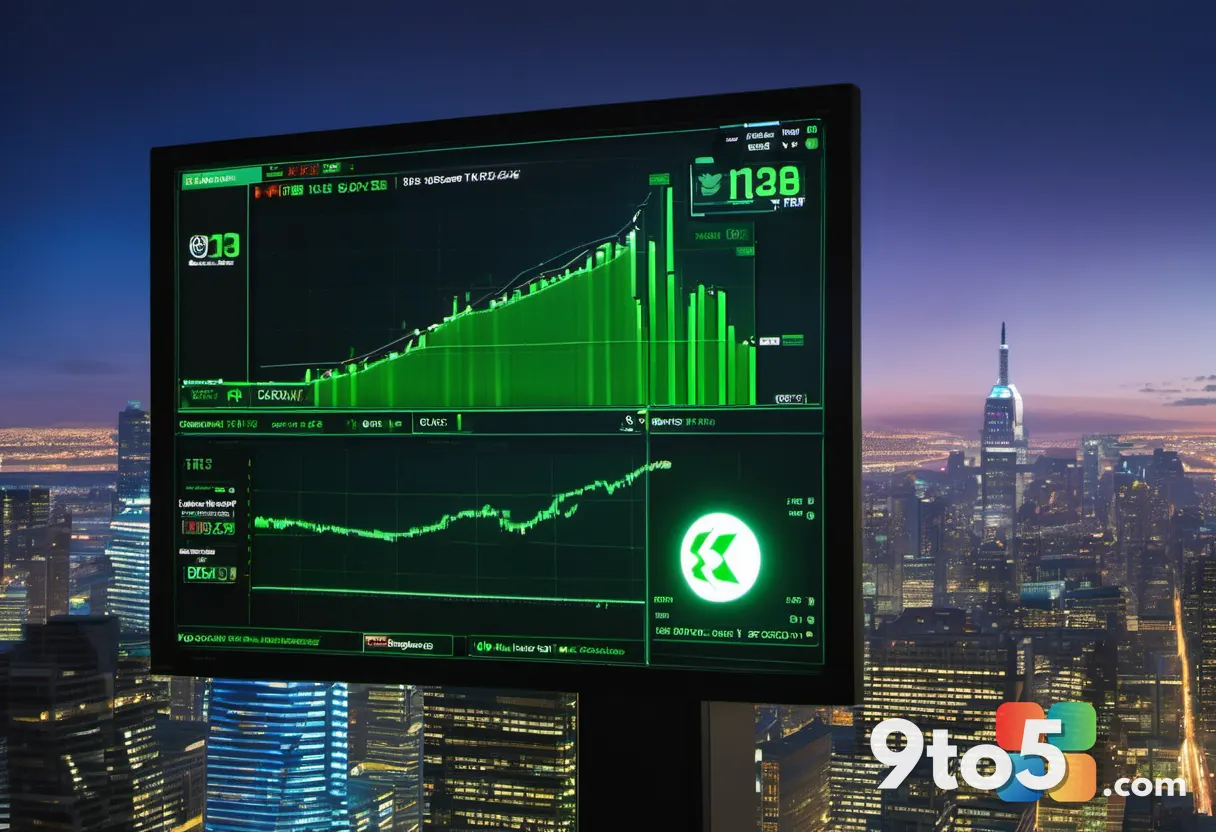 A close-up of a glowing stock market ticker board showing a sharp upward green arrow and the MSFT symbol, set against a 