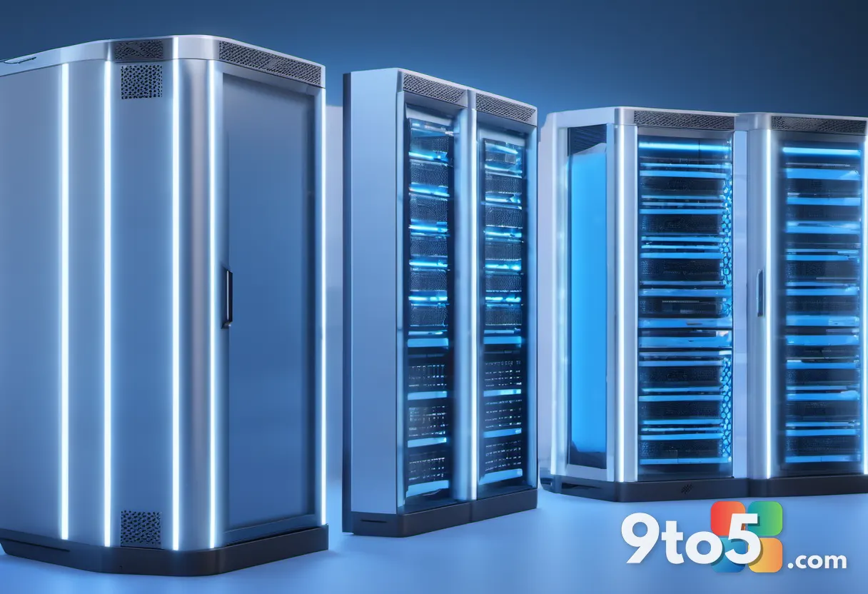 A minimalist 3D render of interconnected server racks glowing with blue light, representing cloud infrastructure and dat
