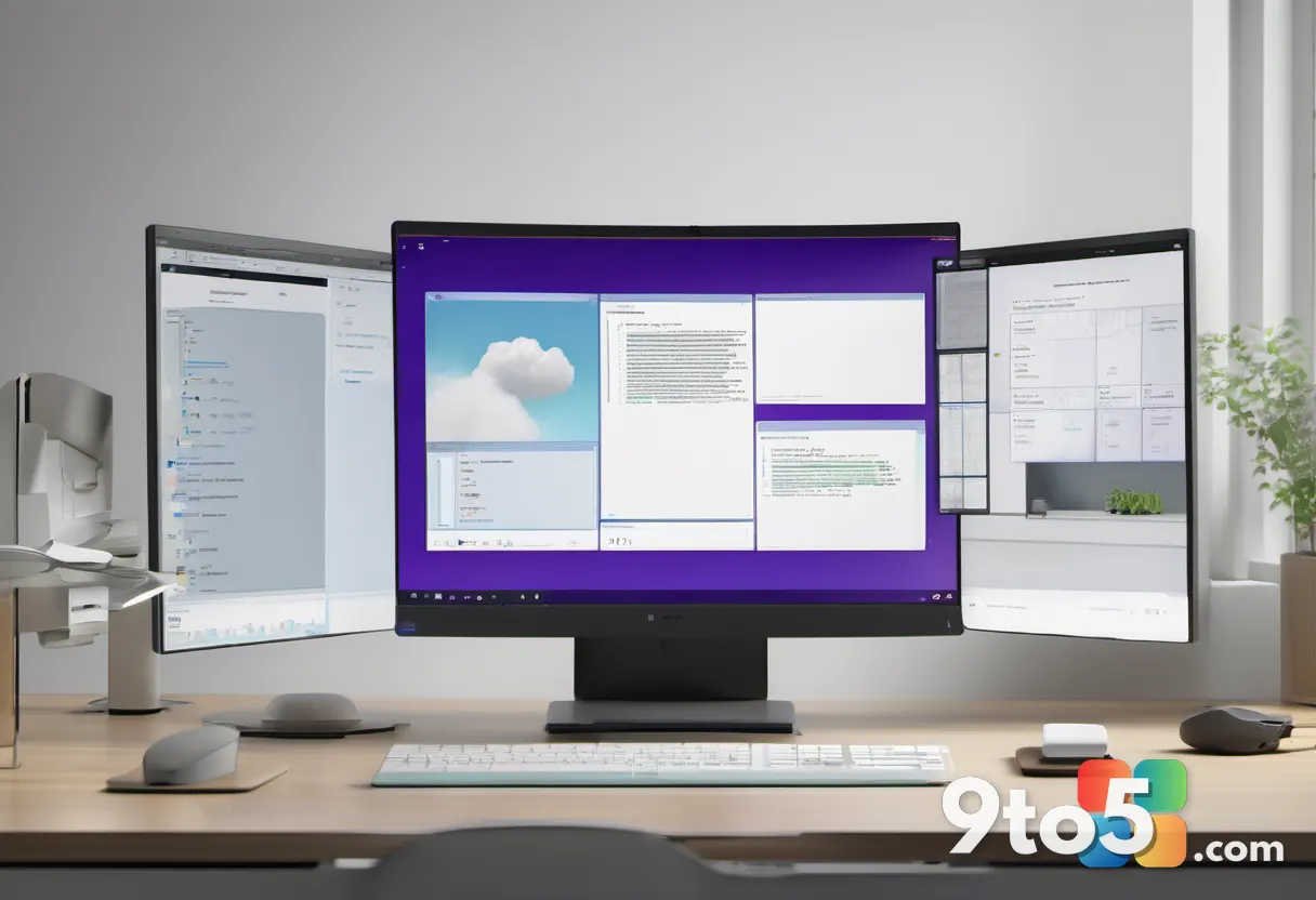 A clean, modern desk setup featuring a Windows 11 desktop interface on a monitor, surrounded by subtle AI and cloud icon