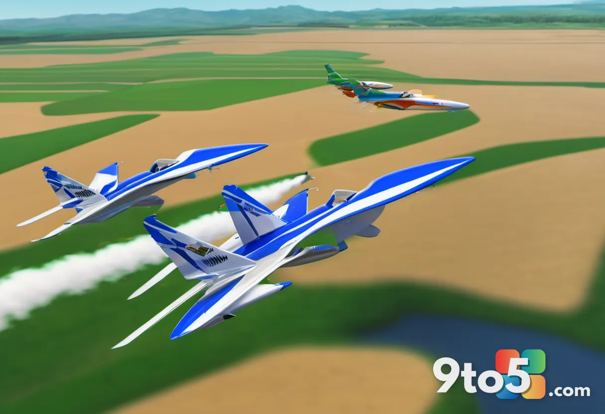Three colorful racing planes streaming low over green countryside in tight formation, motion blur, bright blue sky, dyna