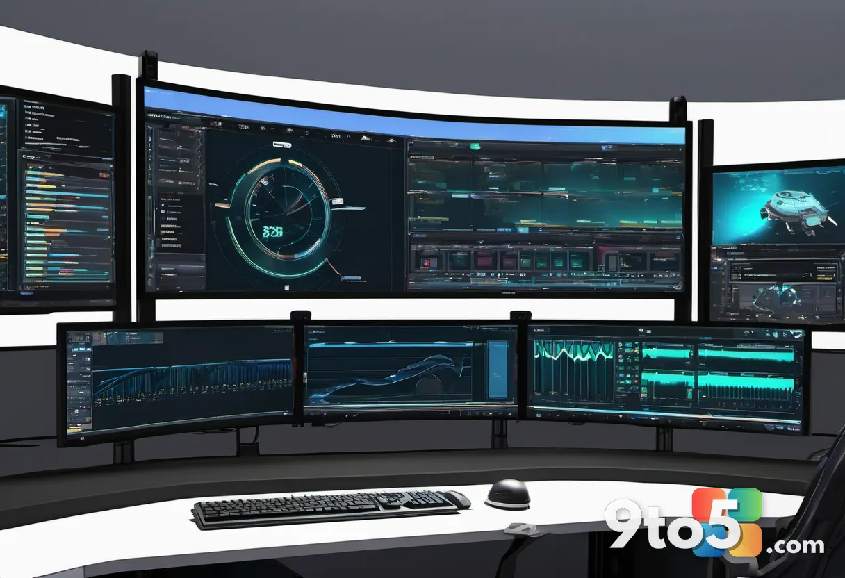 Over-the-shoulder view of a player at a curved multi-monitor PC desk, cockpit instruments glowing, sim wheel and throttl