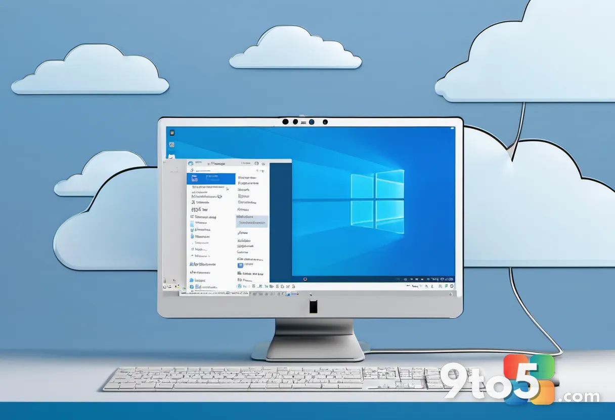 A stylized illustration of a cloud storage folder merging with a Windows 10 desktop interface, using cool blue and white