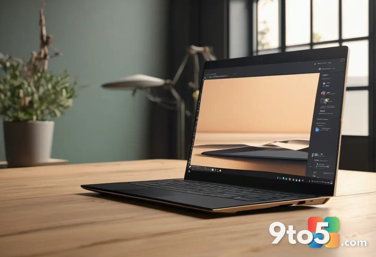 A vintage and modern laptop side by side on a wooden surface, with a subtle upgrade arrow connecting them, shot in natur