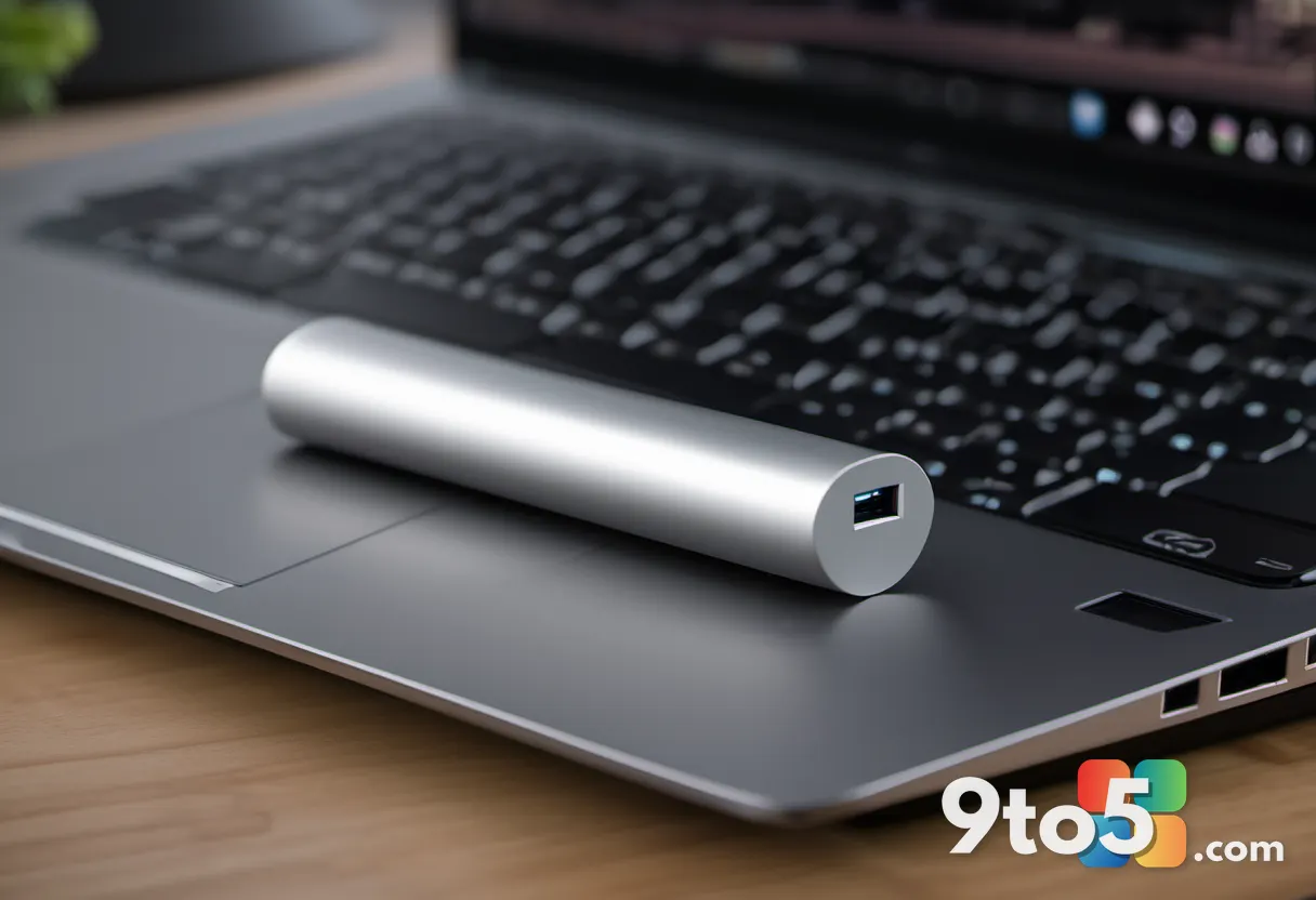 A silver USB drive plugged into a laptop port with the Windows 11 AutoPlay dialog appearing on screen, shallow depth of 