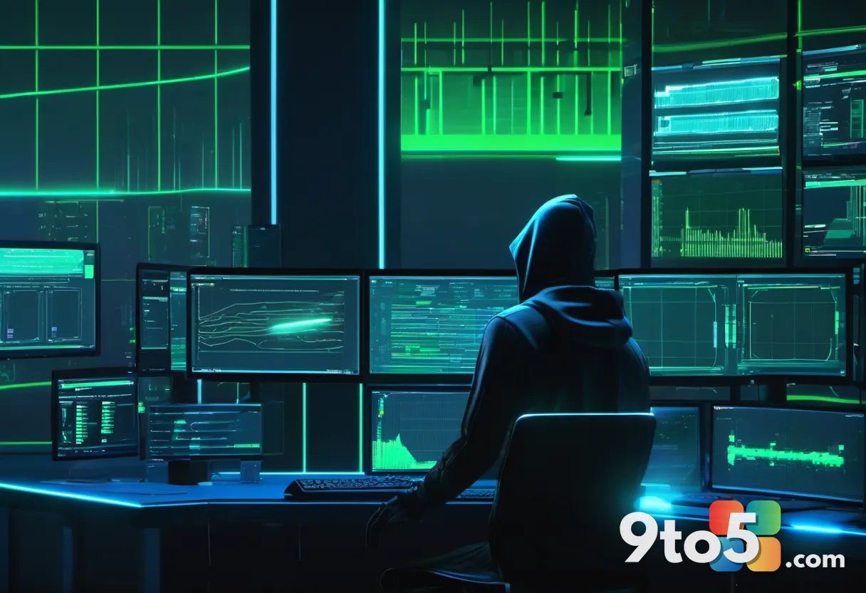 A dark cyber scene showing glowing code across multiple monitors, a hooded figure silhouette at a desk, neon blue and gr