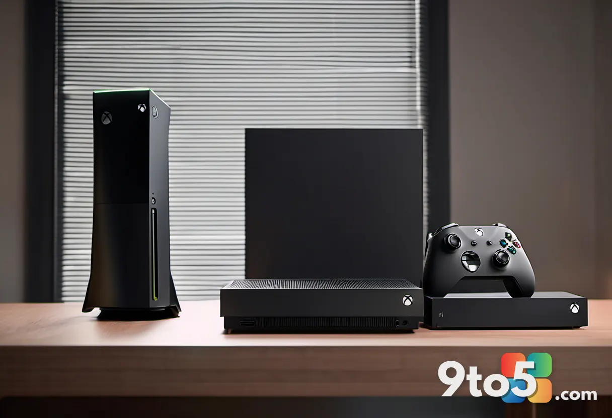 A sleek black Xbox Series X console beside a game case on a modern desk, warm ambient lighting, minimalist setup, shallo