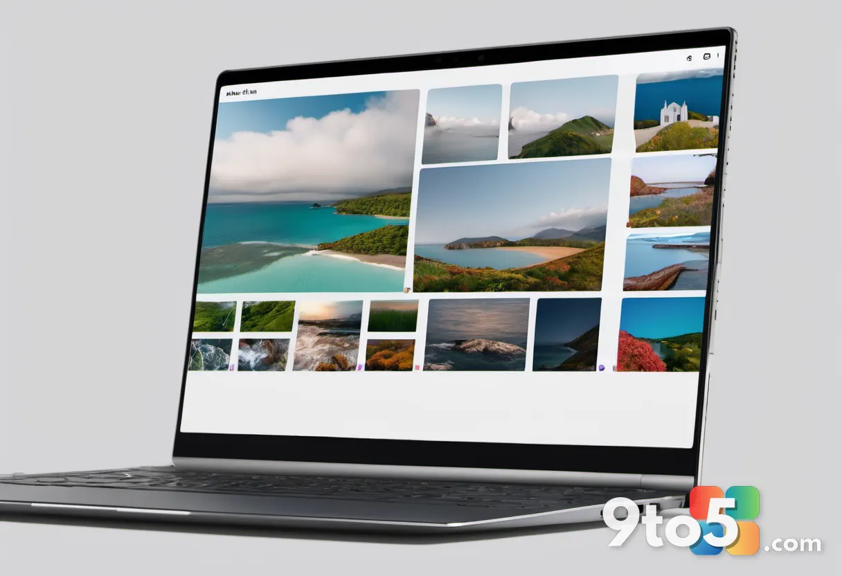 A modern laptop screen displaying a photo gallery interface with thumbnails of images, symbolizing the app's gallery fun