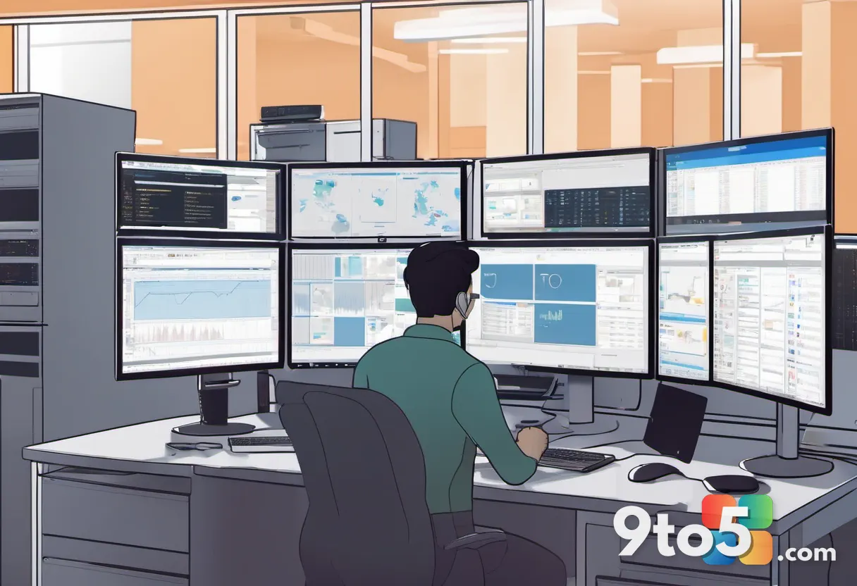 An IT administrator at a multi-monitor workstation monitoring a dashboard of device status icons, warm office lighting, 