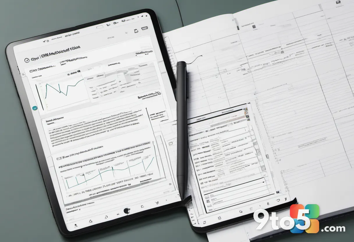 Overhead view of a tablet and notebook side by side, showing a structured report with marked sections and a pen resting 