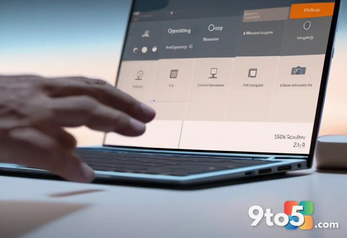 A close-up of a hand hovering over a laptop touchpad, with the Windows 11 Start Menu visible on the screen, soft focus b