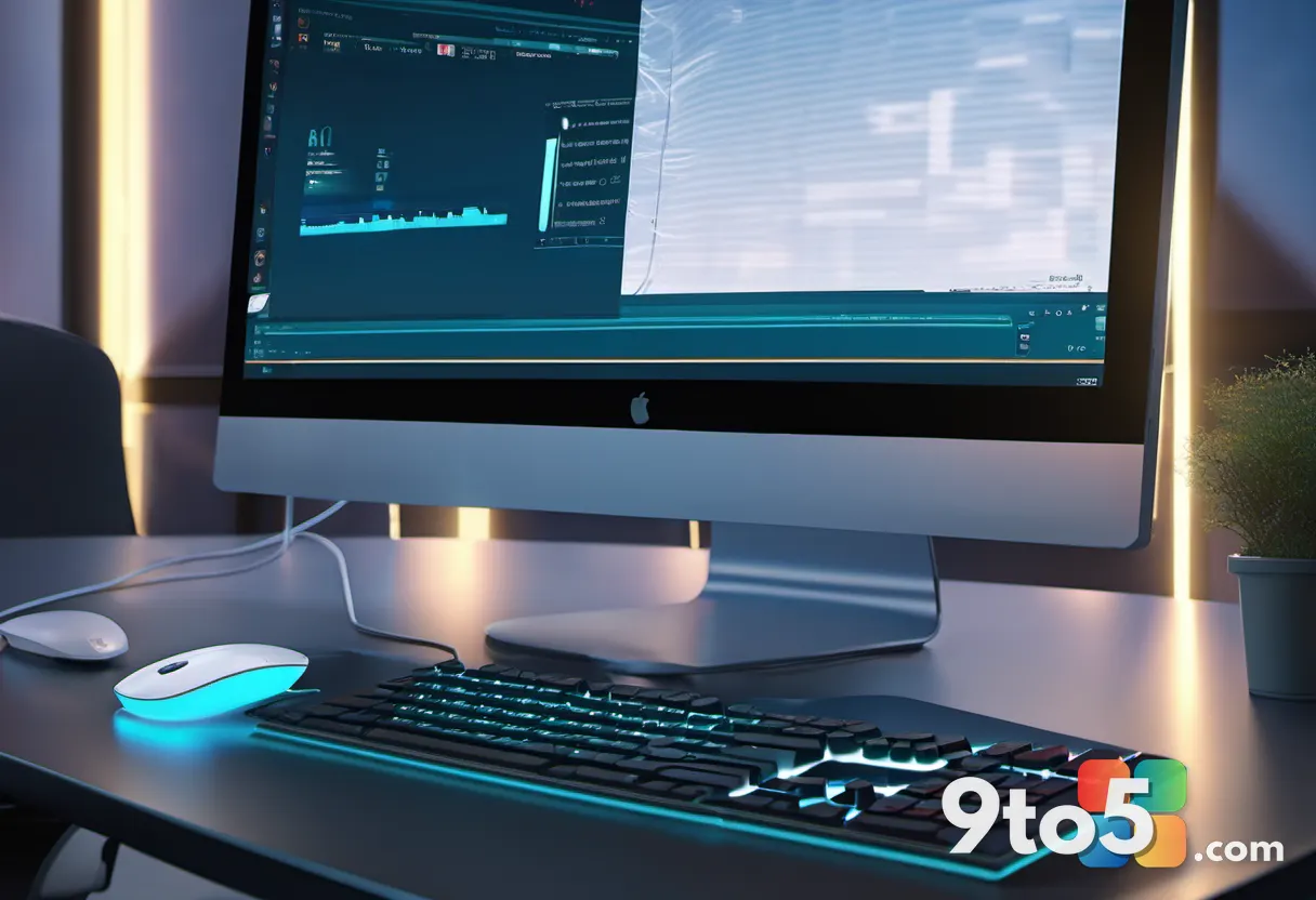 A close-up of a modern keyboard and mouse on a dark desk, with a glowing monitor reflecting soft blue light in the backg