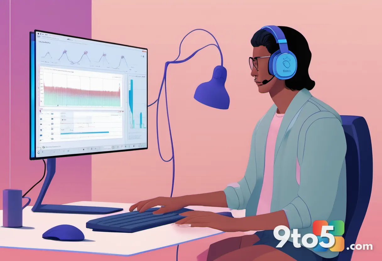 A user wearing headphones interacting with a Windows 11 PC using voice commands, with a subtle visual representation of 