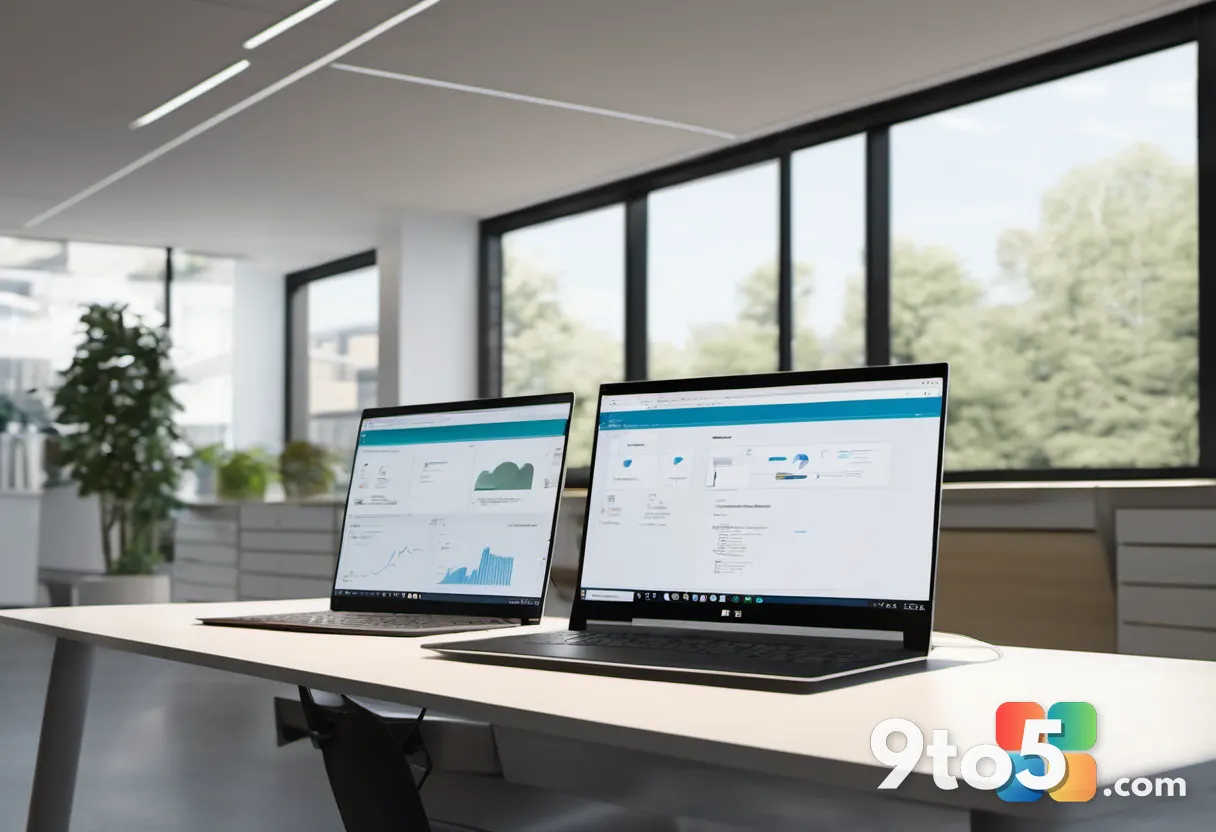 Two Windows 11 laptops sitting side by side on a desk with a wireless file transfer animation between them, modern offic