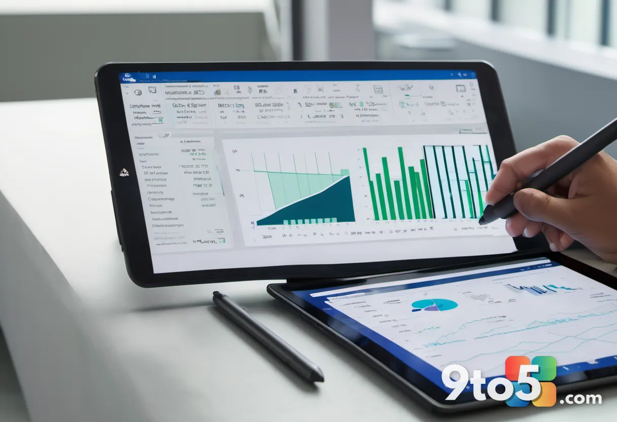 A close-up of a hand using a stylus on a tablet showing Excel charts, highlighting user interaction with data analysis t