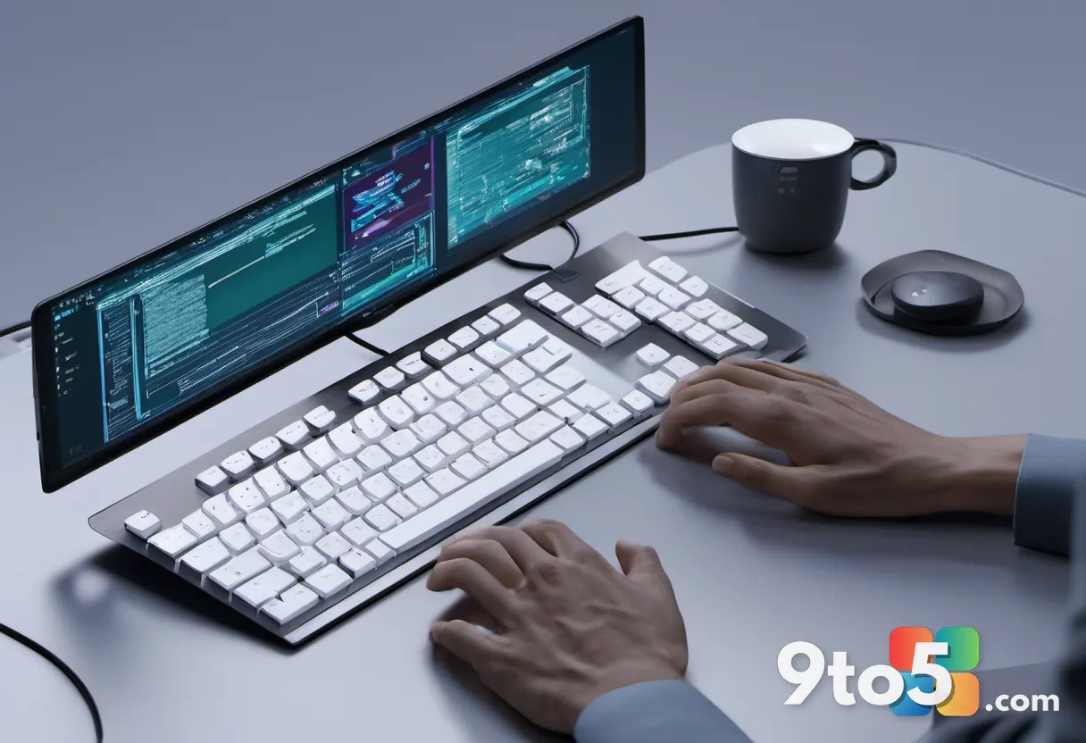 A close-up of a developer's hands typing code on a keyboard, with a holographic display showing Microsoft's MAI-Image-2.