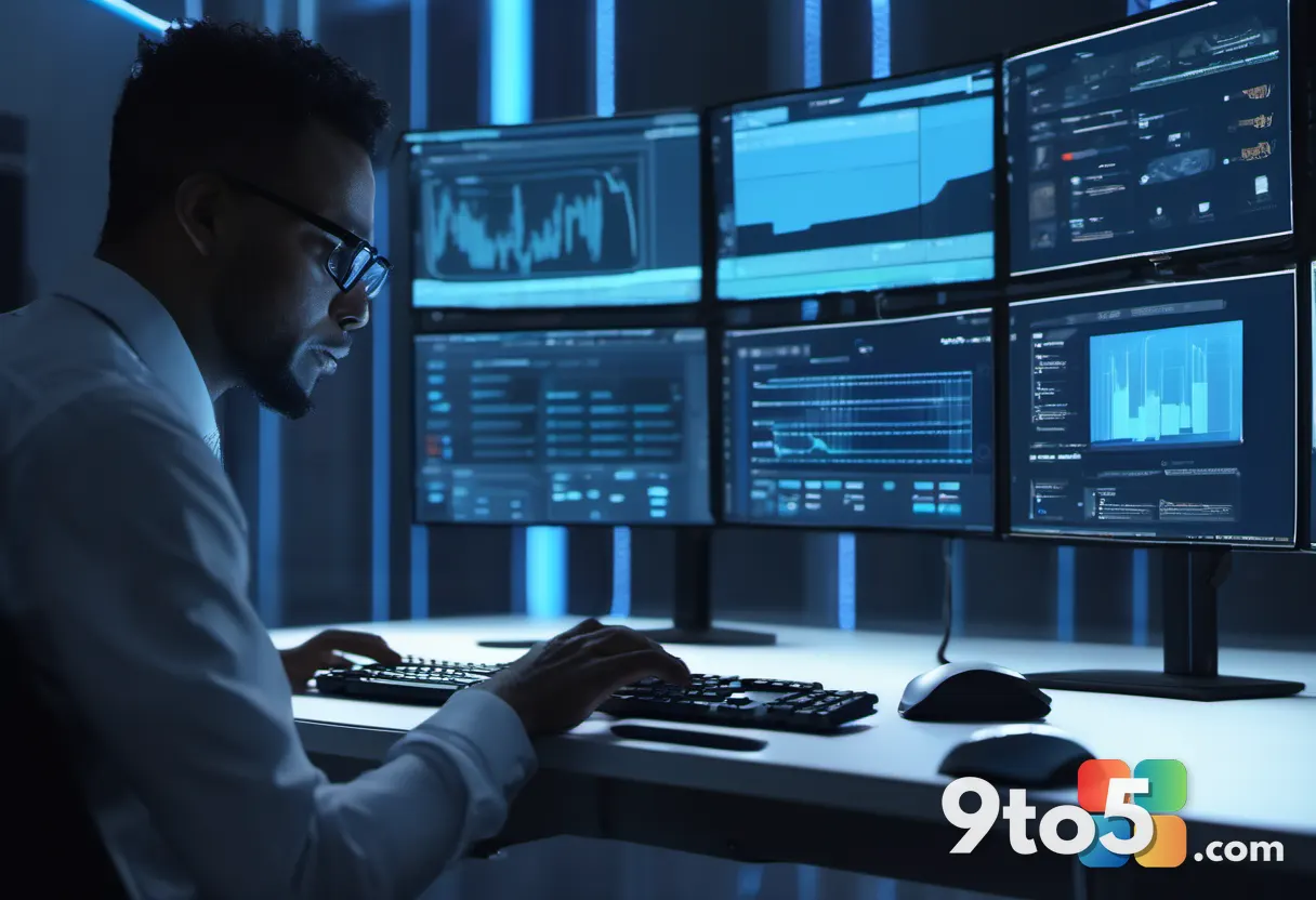 A close-up of an IT administrator's hands typing on a keyboard, multiple monitors showing dashboard panels and authentic