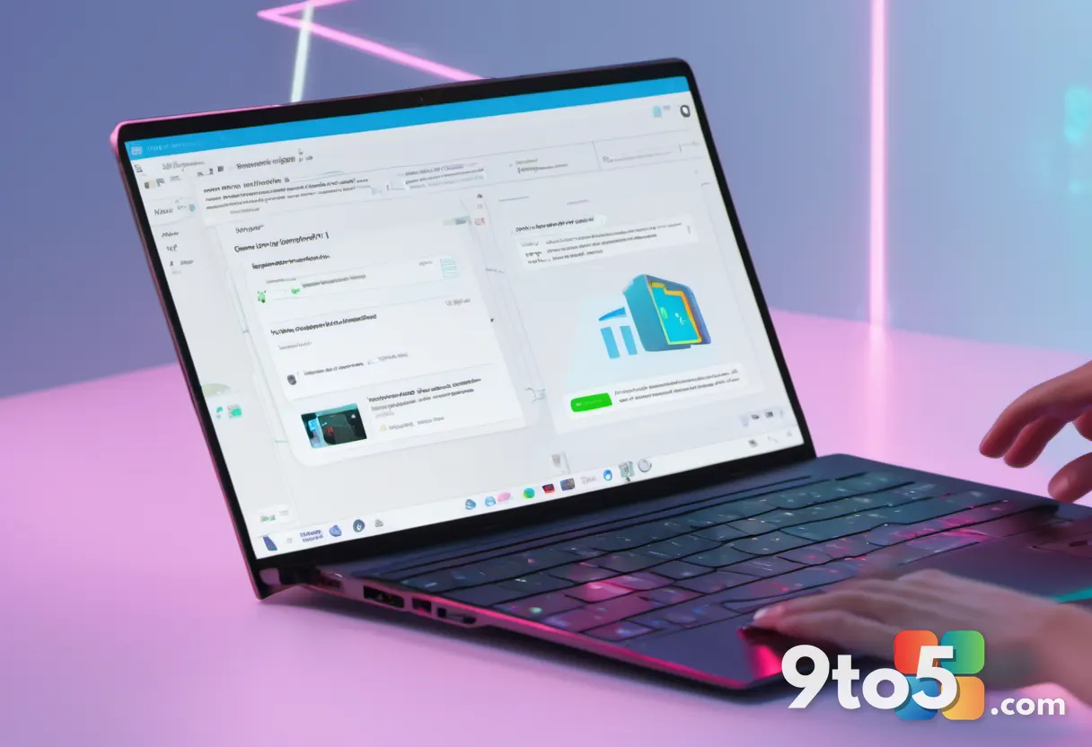 A close-up, high-quality photo of a user's hands typing on a laptop keyboard with a holographic AI assistant interface f