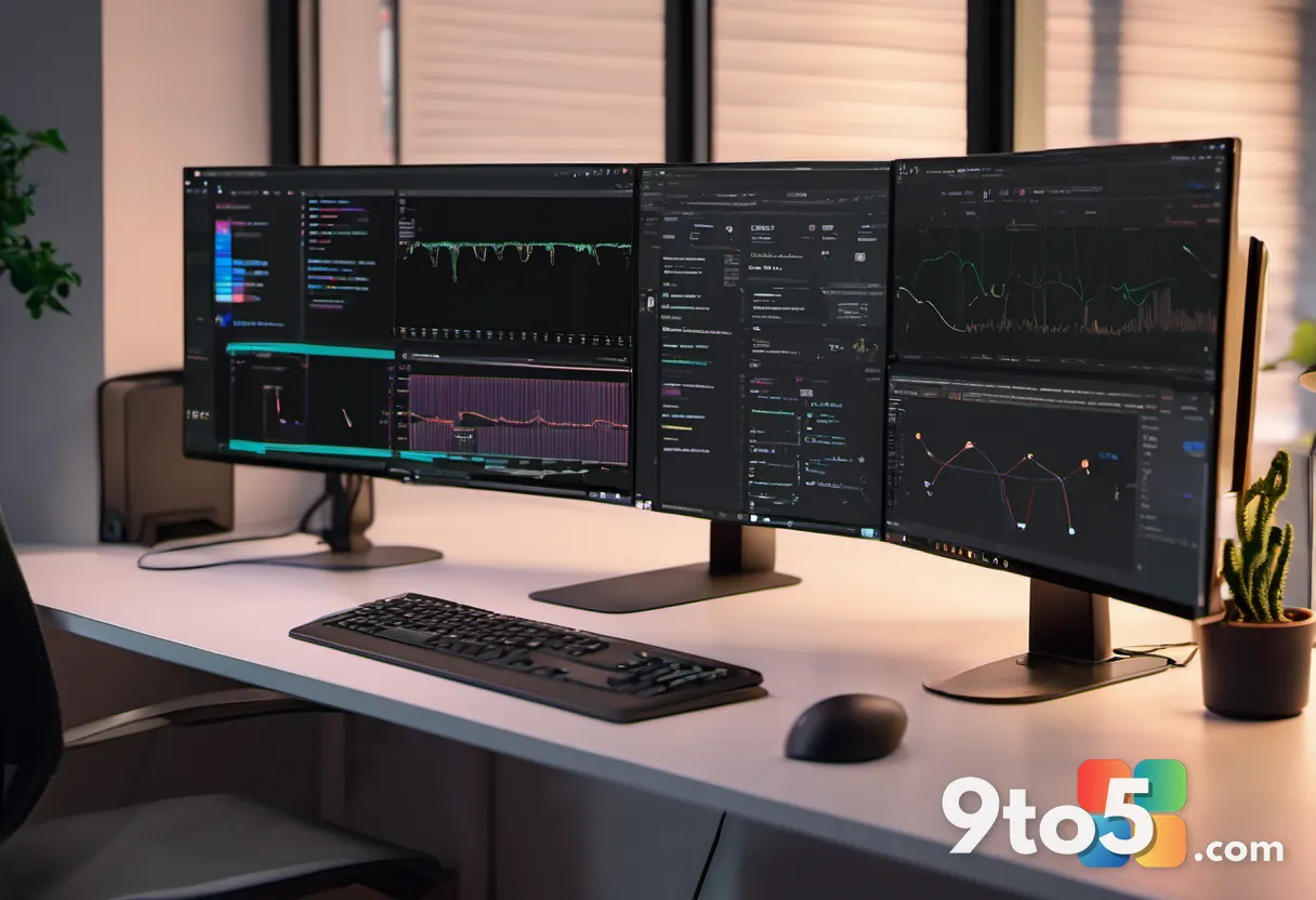 A developer's dim desk with three monitors showing GitHub repositories and Windows app code, warm desk lamp glow, shallo