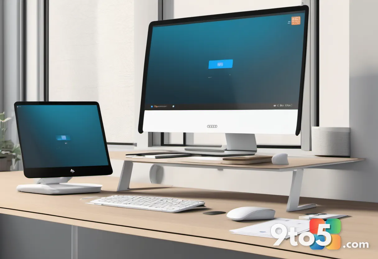 A minimalist desk setup with a monitor showing the Outlook settings menu, surrounded by scattered papers and a coffee cu