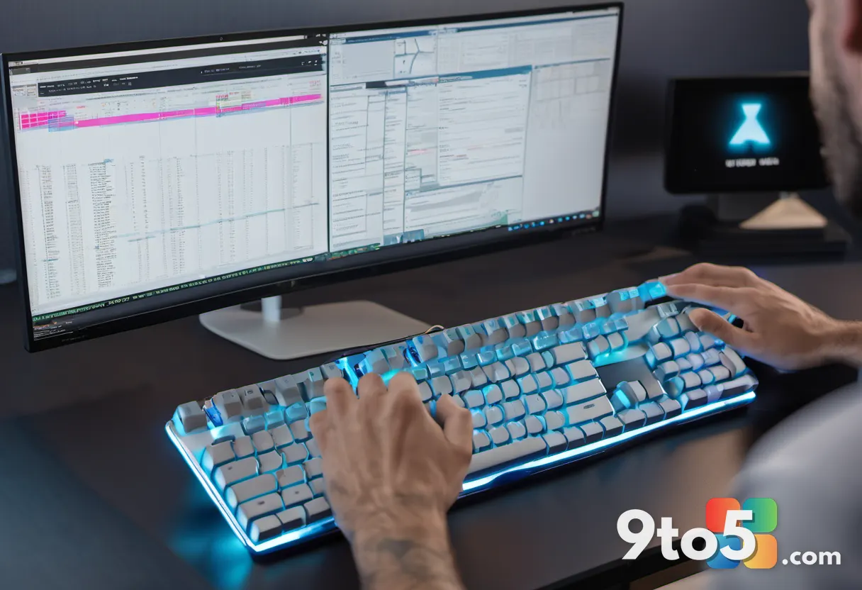 A close-up of a developer's hands typing on a mechanical keyboard, with a blurred monitor showing build progress bars in