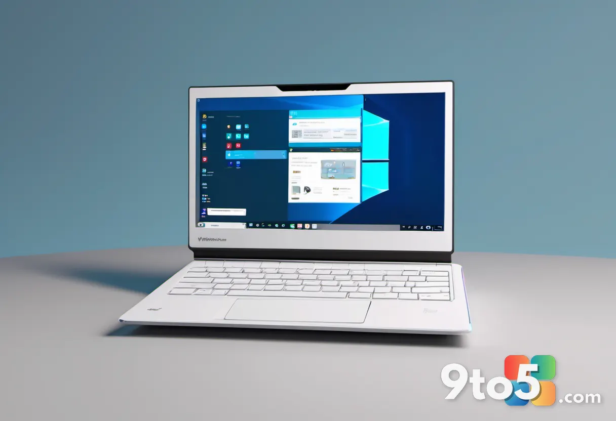 A futuristic laptop design with a subtle AI-themed graphic, representing the evolution of Windows hardware