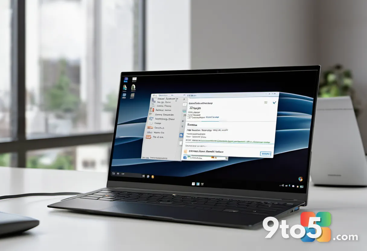 Close-up of a laptop screen showing the New Outlook inbox with a dark classic theme applied, blurred office window in th