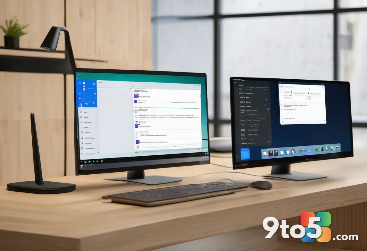 Split-screen concept on a wooden desk: a bright modern email interface on the left and a darker classic-themed version o