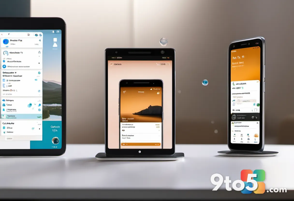 A split view of a smartphone and tablet displaying the Outlook app with floating AI assistant bubbles hovering over the 